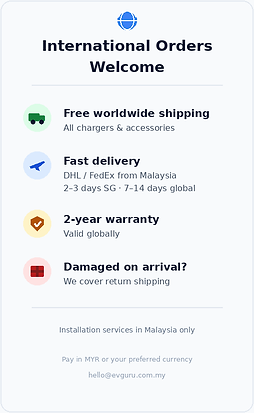 International orders welcome at EvGuru — free worldwide shipping, fast DHL/FedEx delivery, 2-year global warranty.