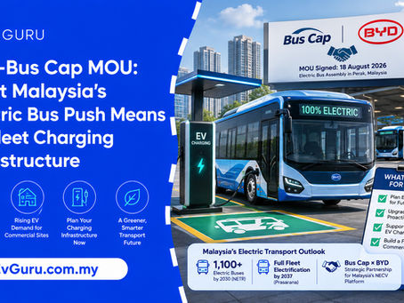 BYD electric buses at a charging depot in Malaysia, illustrating the Bus Cap-BYD MOU and its implications for fleet charging infrastructure and future commercial EV demand.