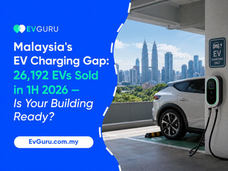 Malaysia's EV Charging Gap: 26,192 EVs Sold in 1H 2026 — Is Your Building Ready? Featured image showing a white electric SUV charging at an EV charger in a modern parking garage with the Kuala Lumpur skyline in the background, highlighting the need for EV charging infrastructure in residential and commercial buildings as EV adoption accelerates in Malaysia.