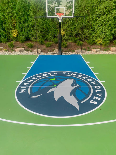 finished ProBounce tennis and basketball court with custom logo, hand painted, basketball, pickleball, lights, Minnesota Timberwolves, inspiration, photo, photography, picture, us open colors, blue, green, light, dark, amazing, landscape, top, 10, beautiful
