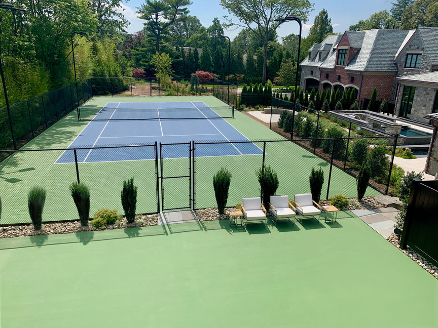 finished ProBounce tennis and basketball court with custom logo, hand painted, basketball, pickleball, lights, Minnesota Timberwolves, inspiration, photo, photography, picture, us open colors, blue, green, light, dark, amazing, landscape, top, 10, beautiful