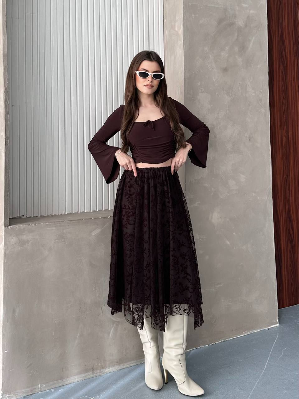 Küçük resim: Kahverengi Dantelli Flok Etek