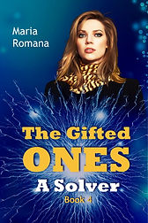 Book cover for “The Gifted Ones: A Solver” by Maria Romana. A woman with long light-brown hair, wearing a dark coat and patterned scarf, gazes forward seriously. The background is dark blue with vivid electric streaks. Title text is bold and yellow at the bottom.