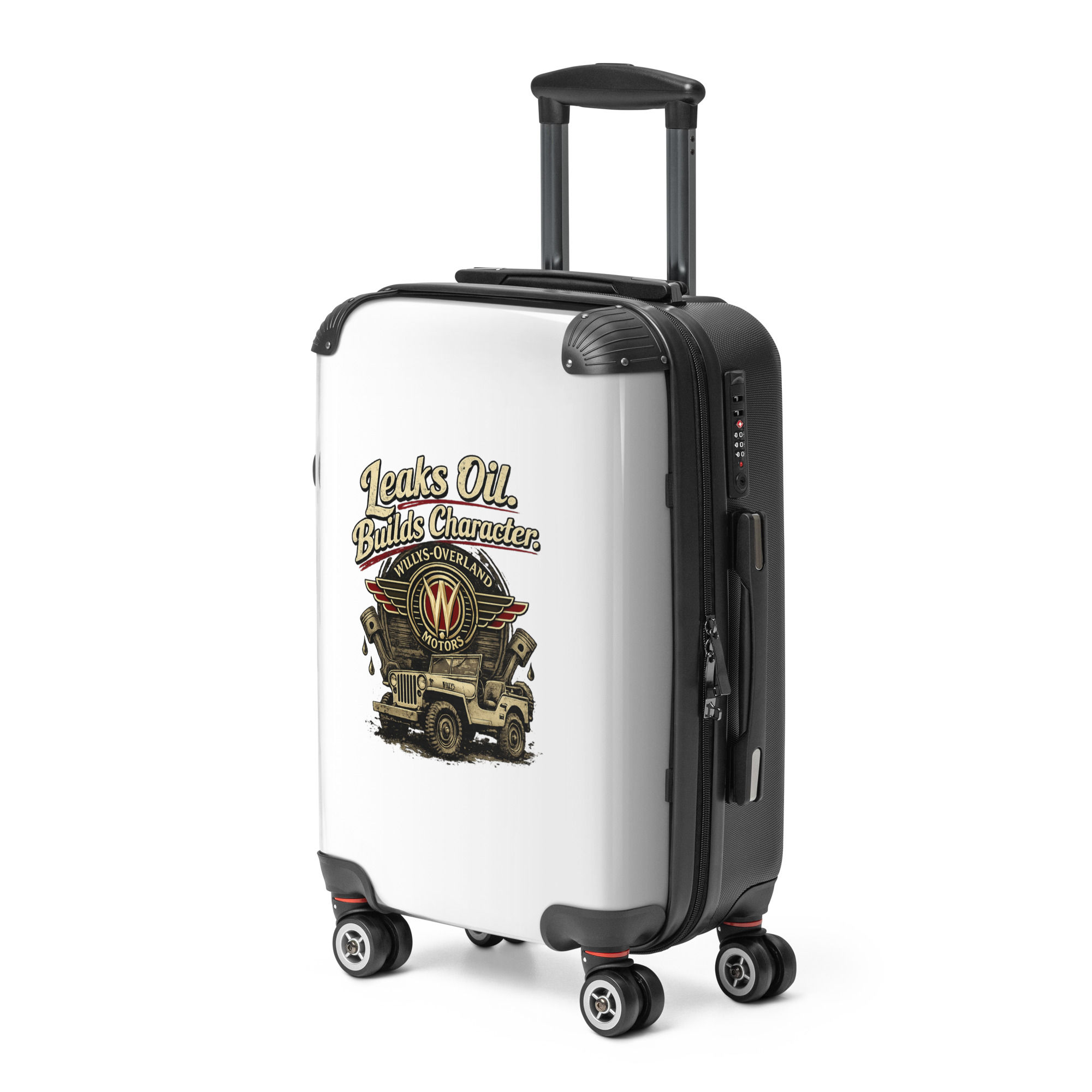 Hard-shell suitcase W.O. "Leaks Oil. Builds Character."