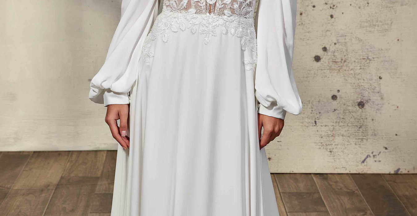 Eddy K crepe-chiffon wedding dress with matching jacket with lace and bishop sleeves