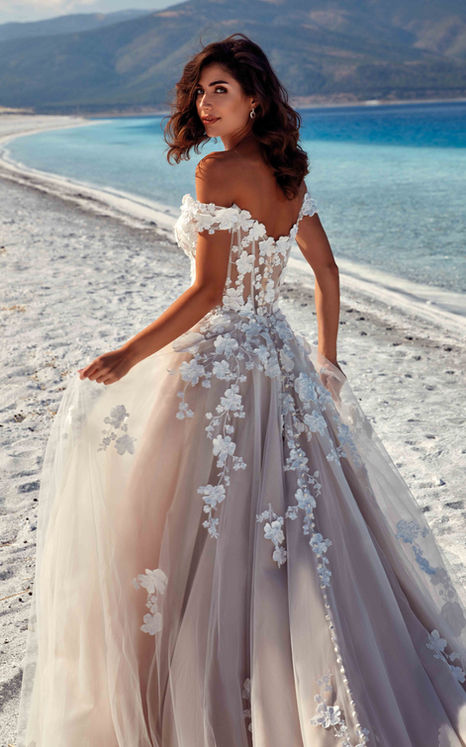 Back of an Eddy K ballgown wedding dress with ivory lace over champagne tulle, 3D appliqués and off the shoulder sleeves.