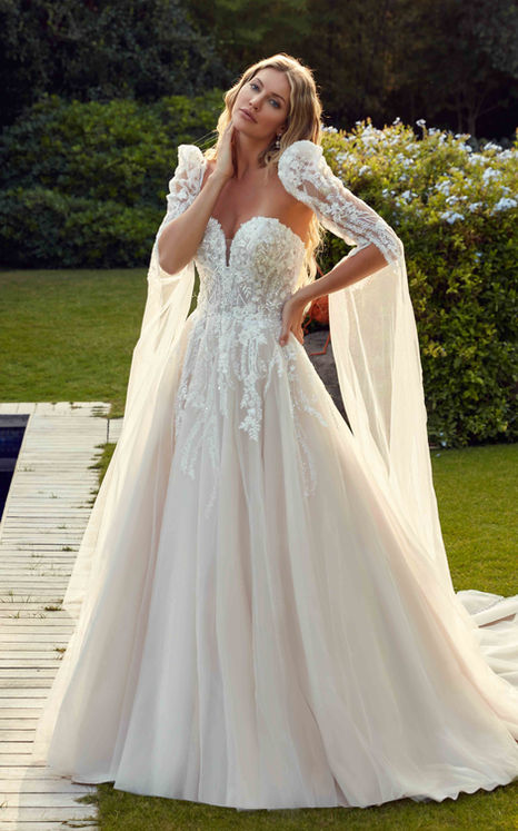 Eddy K A-line wedding dress with detachable sleeves and sweetheart neckline.