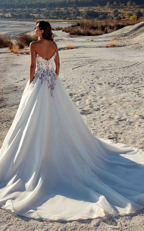 Back of Eddy K Ballgown Coral with multi colored lace on brown haired woman on sandy beach