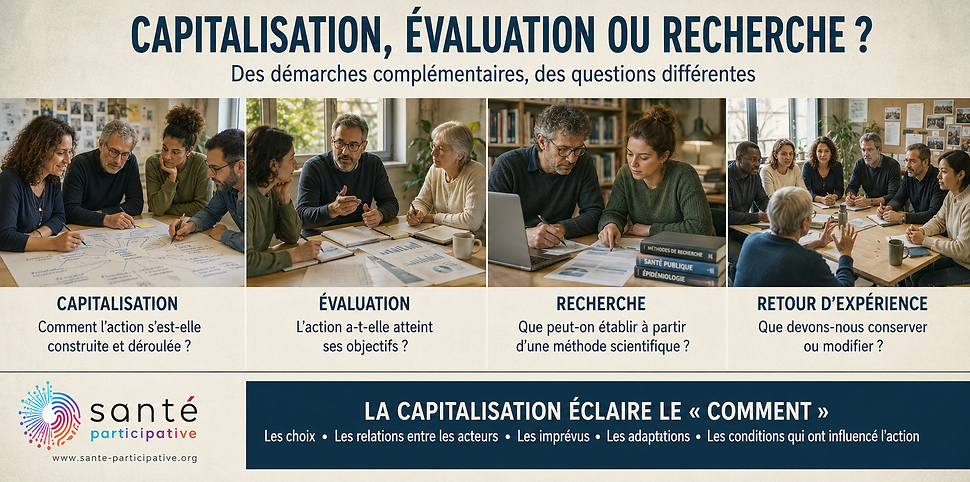 Infographie comparant la capitalisation, l’évaluation, la recherche et le retour d’expérience en santé.