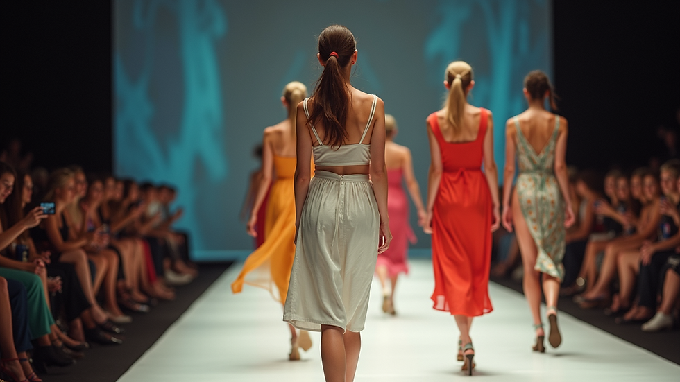 Eye-level view of a runway showcasing a vibrant collection of clothing