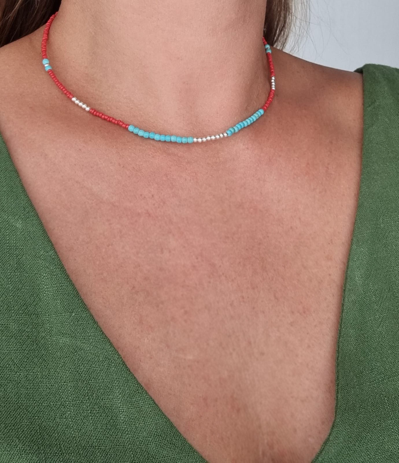 Colar de Prata Coral e Turquesa