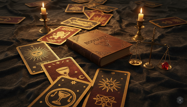 Wide-angle view of a tarot card path leading to a closed handmade book.