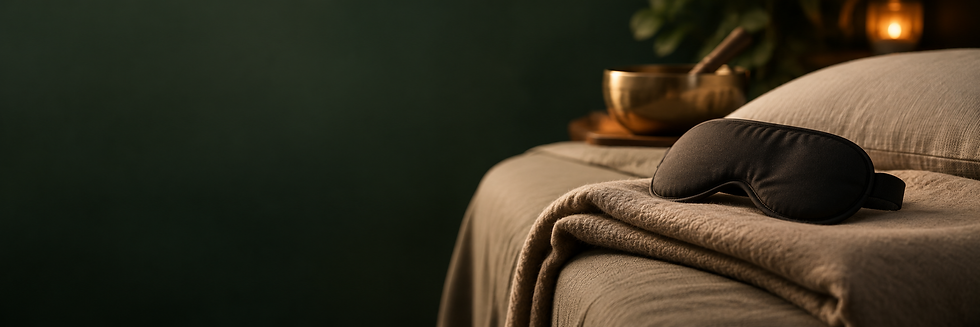 Klankschaal en oogmaskertje naast een comfortabel ligbed