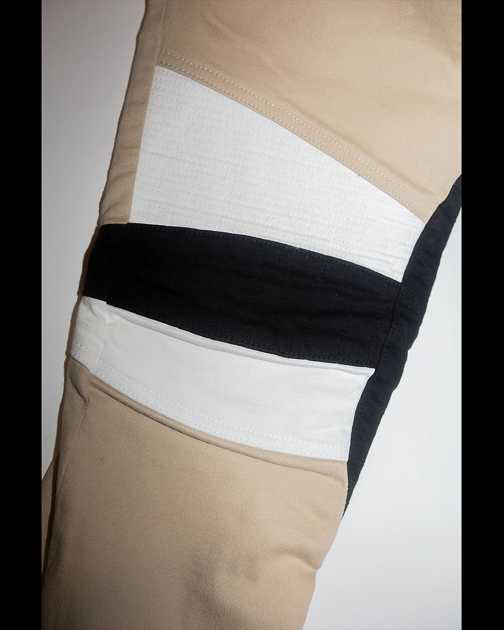 Thumbnail: BALMAIN WHITE & BLACK RIBBED KNEE BIKER MOTO KHAKI JEANS