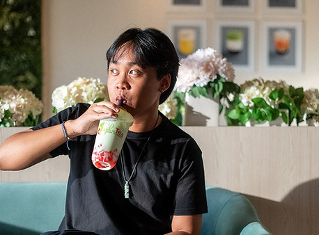 Benjamin Tecson of Rapha Tea Temecula drinking boba tea