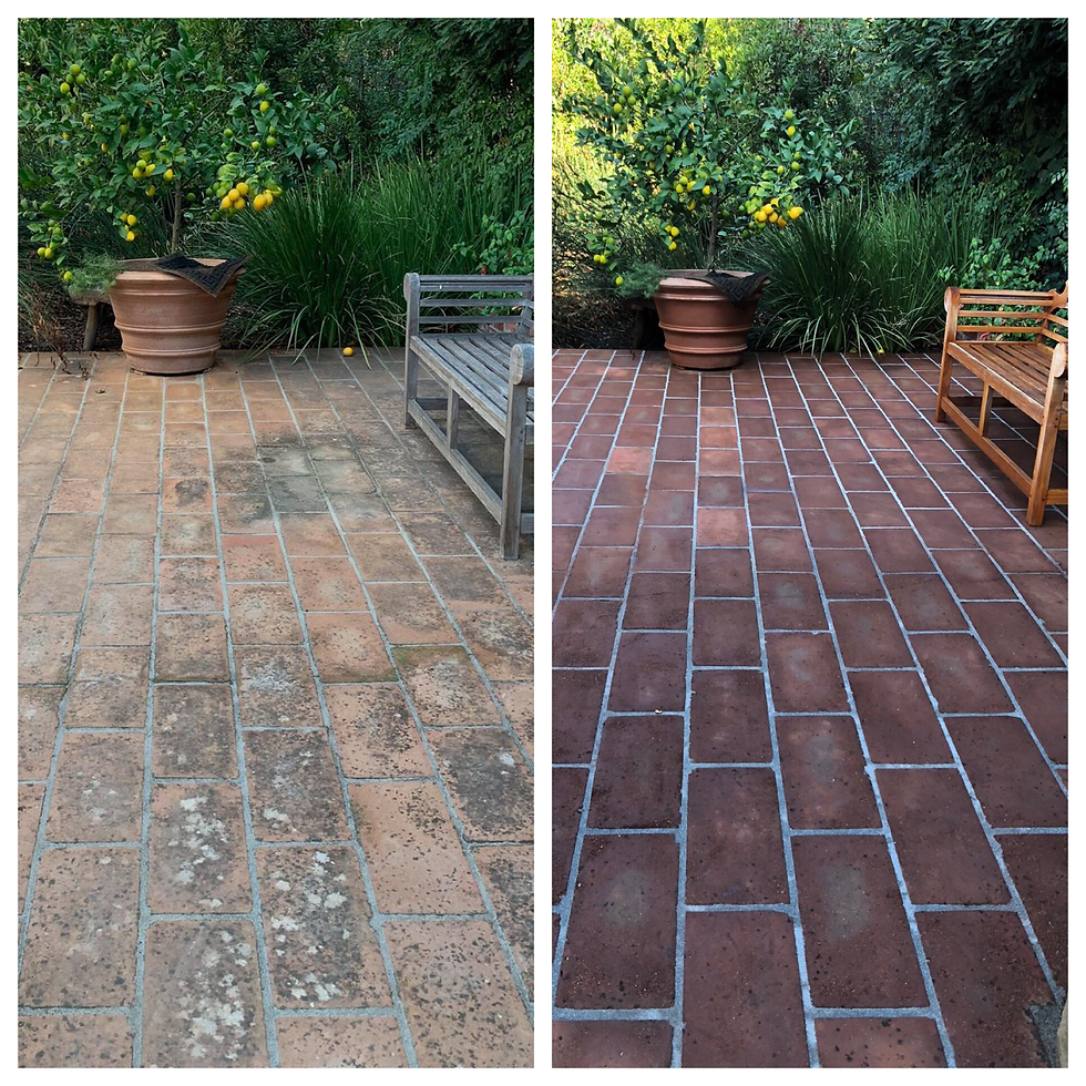 a before and after of a brick floor that Royal Carpet Cleaning renewed