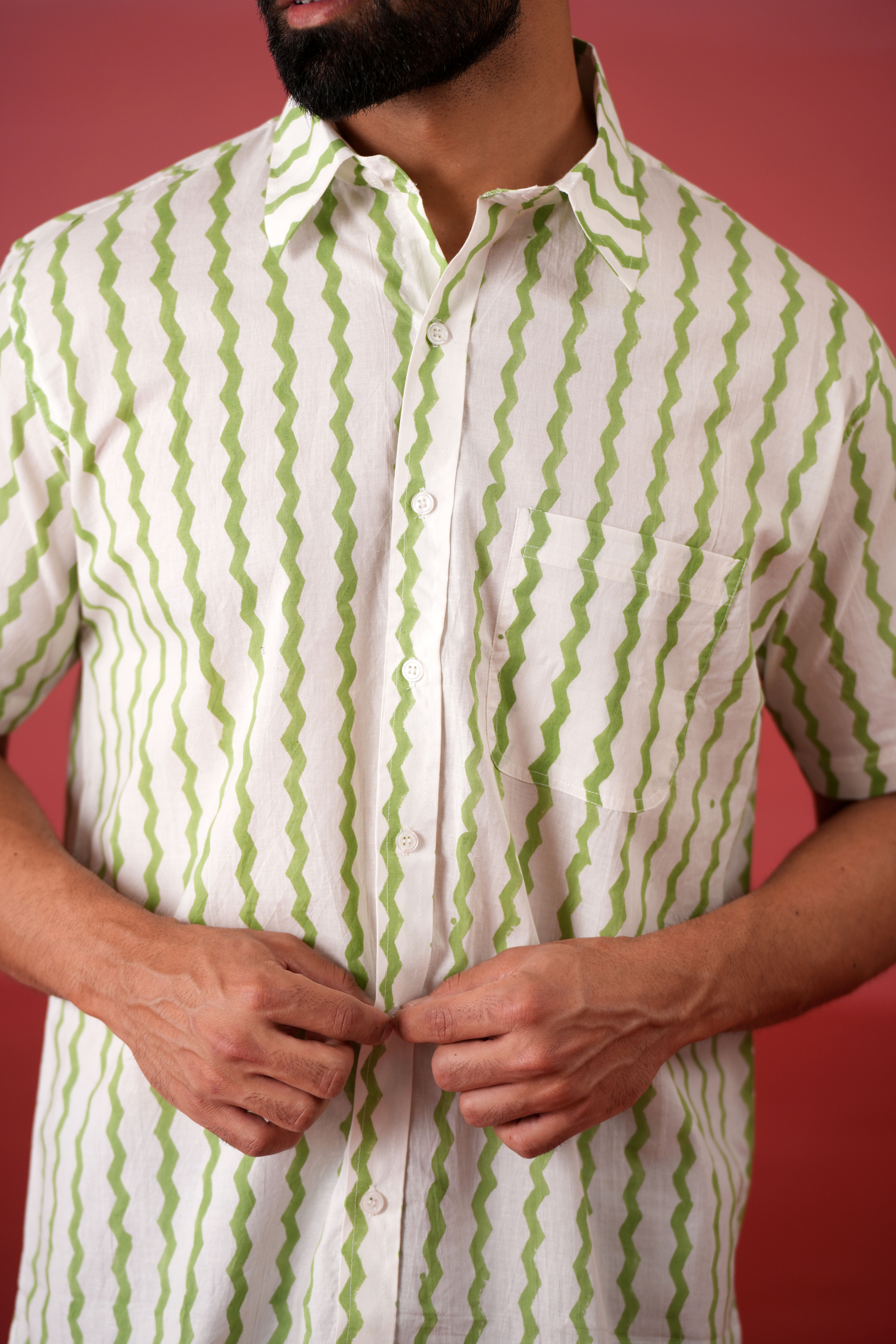 Green Ripple Cotton Printed Shirt