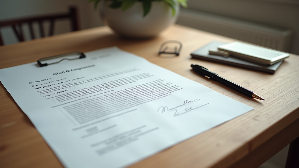 high angle view of a legal document and pen on a wooden table