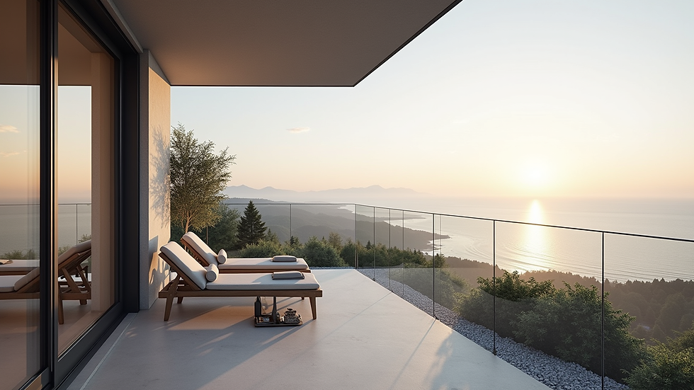 Nahaufnahme eines modernen Apartments mit Balkon und Meerblick in Nordzypern