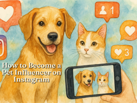 Watercolor illustration of a dog and cat posing for a social media photo with Instagram icons in the background, representing pet influencer life in 2025