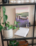 Cozy home shelf with plants, crystals, a notebook, and a framed photo of a dog