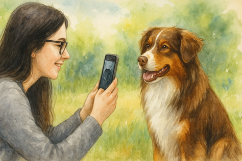 Watercolor illustration of a woman smiling while taking a photo of her brown tri Australian Shepherd dog outdoors, representing pet influencer content creation.
