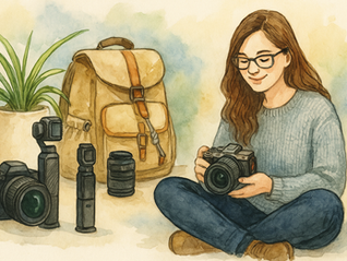 Watercolor illustration of a female content creator sitting cross-legged with a Sony camera, surrounded by photography gear including DJI Osmo Pocket, lenses, and a tan canvas camera bag with plants in the background.