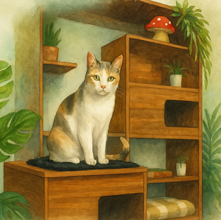 Watercolor illustration of Olive the calico cat sitting on the Clifford Cat Tree Bookshelf by 4CatsNDogs, styled with modern plants and cozy home décor.