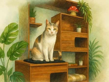 Watercolor illustration of Olive the calico cat sitting on the Clifford Cat Tree Bookshelf by 4CatsNDogs, styled with modern plants and cozy home décor.