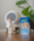 PetSafe ScoopFree SmartSpin automatic litter box with Crystal Litter and cat sitting beside it – affordable Litter-Robot dupe