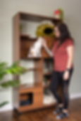 Carly from HerCozyCrew with Olive the cat at the Clifford Cat Tree Bookshelf by 4CatsNDogs.