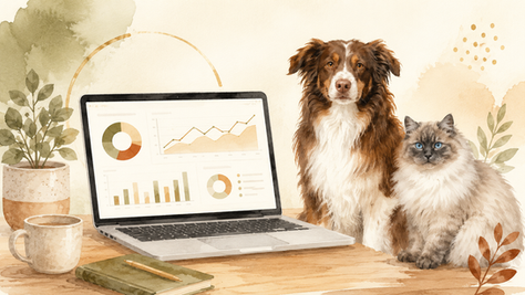 Watercolor illustration of a pet creator’s workspace with a laptop showing search analytics beside a brown-and-white dog and fluffy blue-eyed cat.