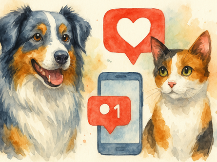  A watercolor illustration of an Australian Shepherd dog and a calico cat posing beside a smartphone with social media notification icons, symbolizing pet influencer marketing in 2025.