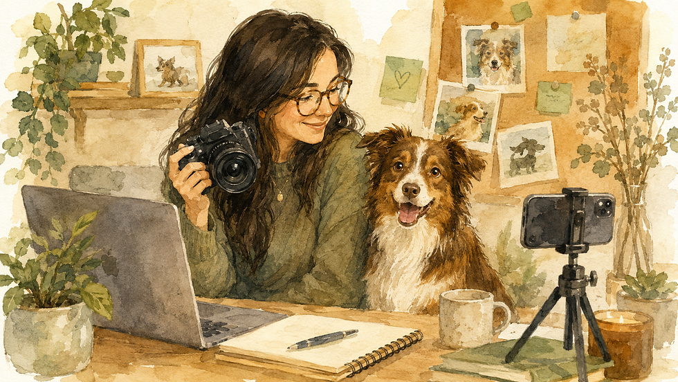 Watercolor illustration of a woman holding a camera beside her happy brown-and-white dog at a cozy desk with a laptop, notebook, plants, and a phone on a tripod.