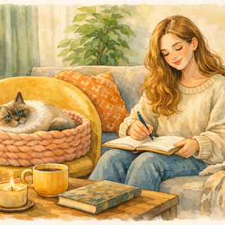 Watercolor illustration of a woman journaling beside her cat in a cozy living room with soft lighting and warm home decor