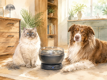 Watercolor illustration of a cat and dog beside the PetSafe HydroSphere cordless cat water fountain in a cozy home.