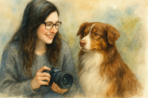 Watercolor illustration of a woman holding a camera and smiling at her brown and white Australian Shepherd dog, symbolizing pet influencer lifestyle in Canada.