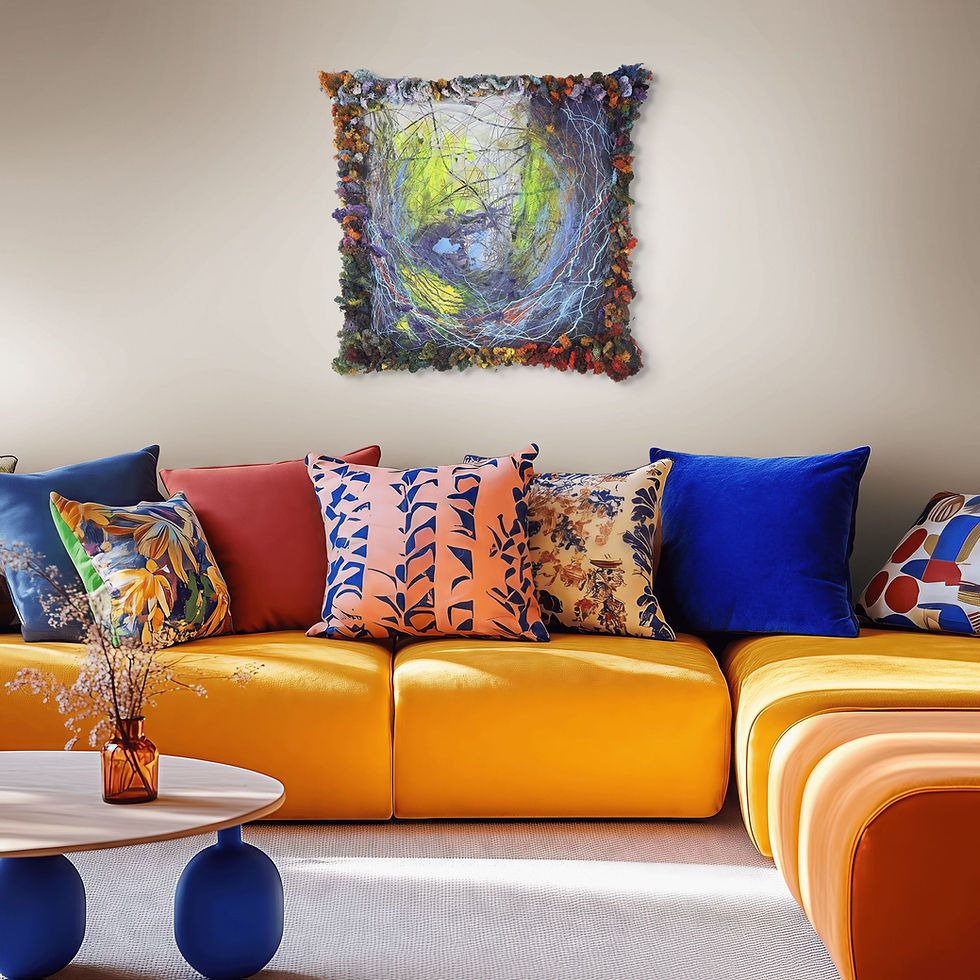 A mixed media painting on canvas, stretched over a wooden panel.
