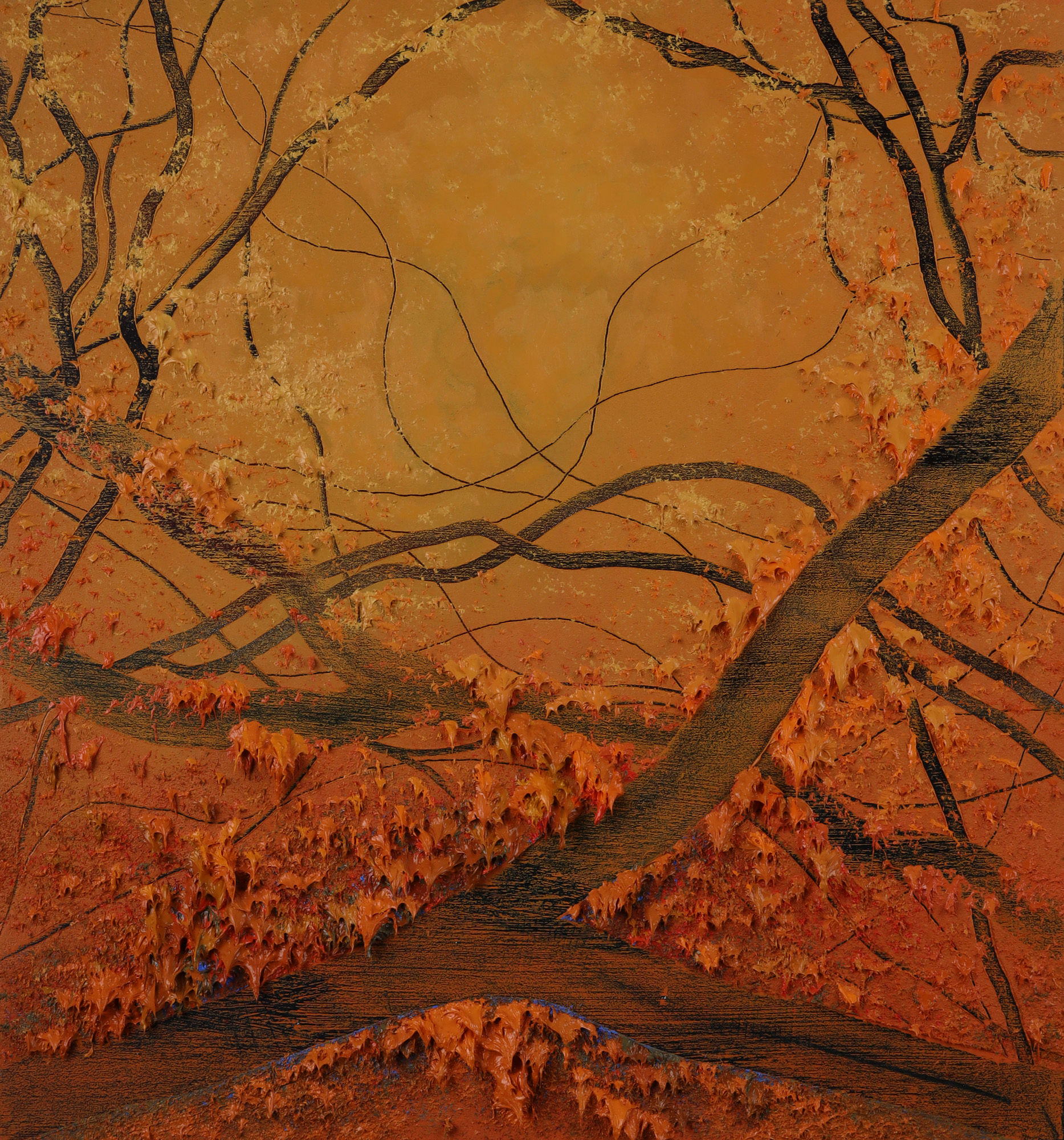 Abstract Painting in a living room, dominated by orange and yellow colour.