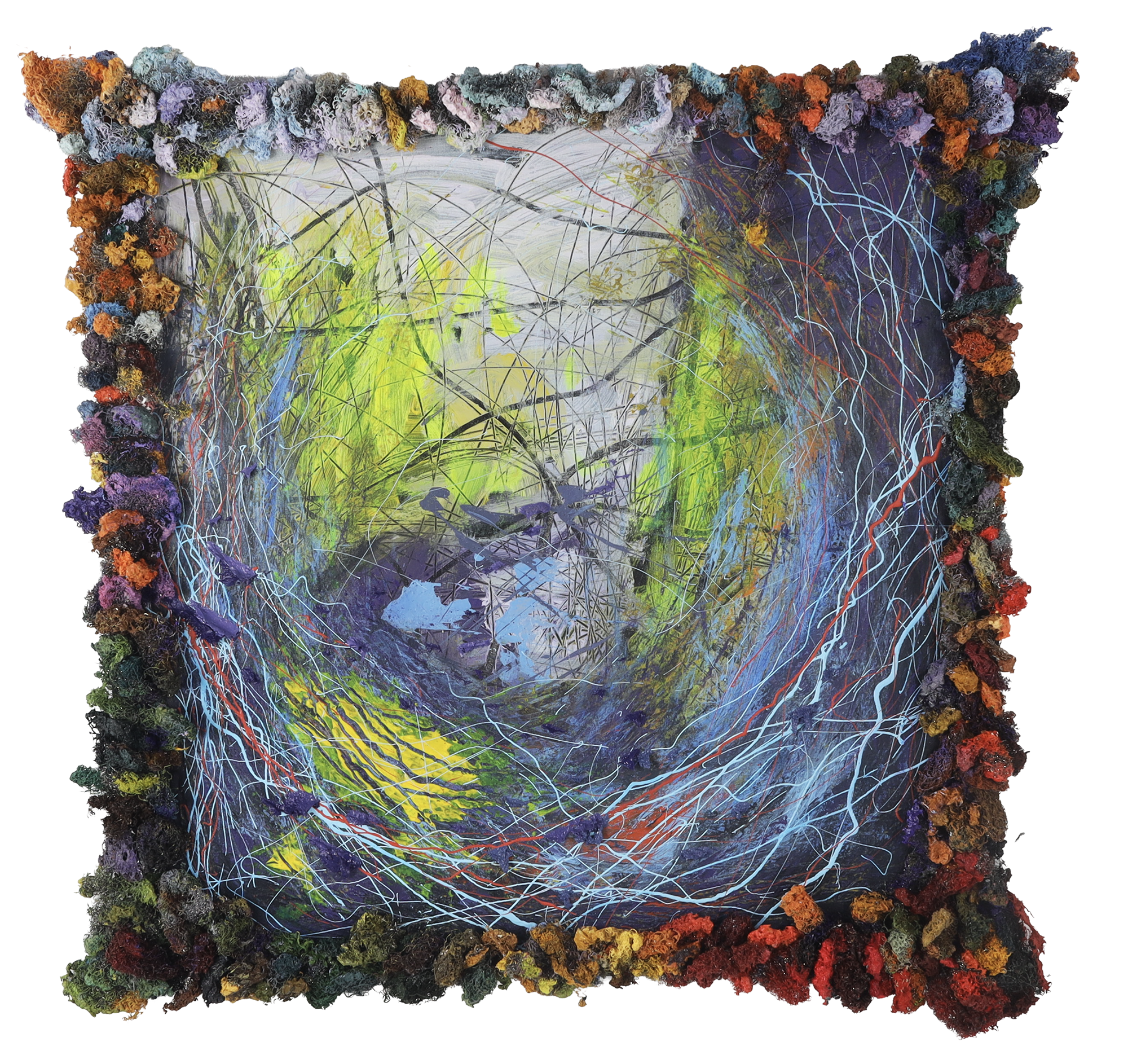 A mixed media painting on canvas, stretched over a wooden panel.