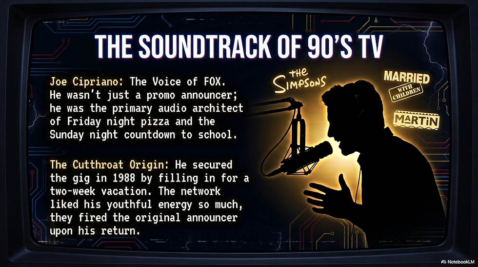 Infographic on Joe Cipriano, FOX voice, with silhouetted man at a microphone and logos for The Simpsons, Married with Children, Martin