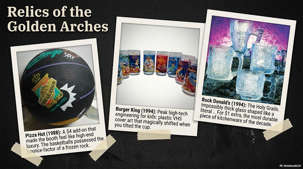 Poster titled Relics of the Golden Arches shows Pizza Hut basketball, Burger King cups, and Rock Donald’s glass mugs on a dark background.
