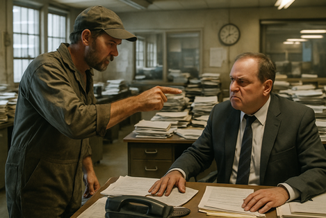 Cena de escritório de fábrica, com mesas e papéis espalhados. Um trabalhador, vestindo um macacão de trabalho sujo e desgastado, está de pé diante do chefe, estendendo uma folha de papel em direção a ele. O rosto do trabalhador expressa determinação e uma pitada de frustração, enquanto ele toma a iniciativa. Sentado atrás de uma mesa abarrotada de documentos, o chefe exibe uma clara irritação, com a testa franzida e a boca em uma linha tensa. A linguagem corporal de ambos demonstra o confronto: o trabalhador em postura de ação, o chefe reativo. O contraste entre o vestuário simples e sujo do trabalhador e o ambiente mais formal, porém caótico, do escritório do chefe, acentua a inversão da dinâmica de poder. A iluminação fria e os detalhes dos papéis contribuem para a atmosfera tensa de uma possível rescisão indireta ou demissão, capturando um momento emocionalmente impactante.