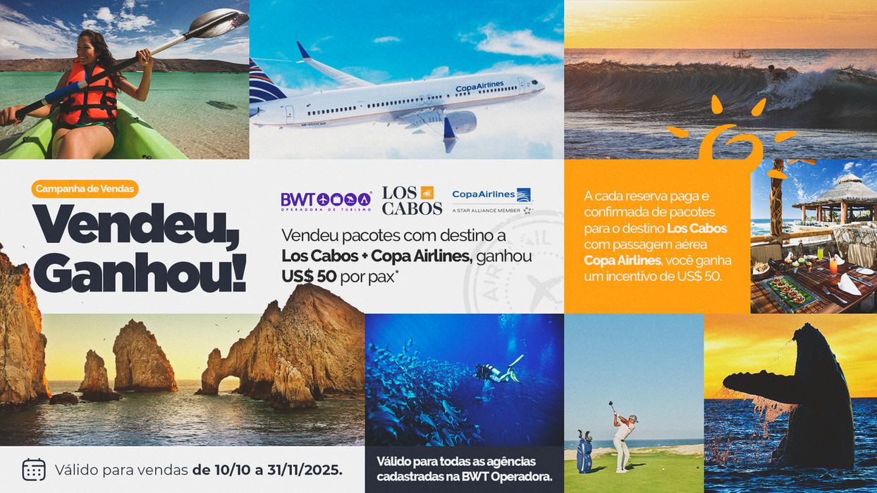 Venda pacotes para Los Cabos com Aéreo Copa Airlines e ganhe U$ 50 por reserva confirmada