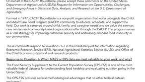 CACFP Roundtable Supports Important Data Collection and Reporting by the Economic Research Service & Responds to USDAs RFI