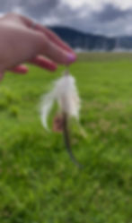 Feather keychain with a two long gray emu feather and other shorter mallard and rooster feathers in white and gray tones held up by a hand outdoors.
