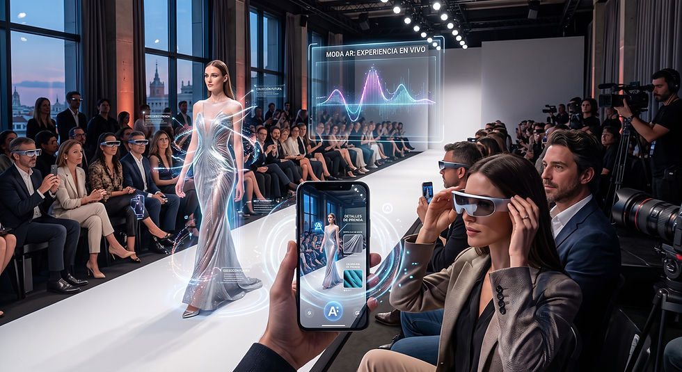 Desfile de moda con modelo en vestido plateado y realidad aumentada; público con gafas 3D y móviles, texto Moda AR: Experiencia en vivo