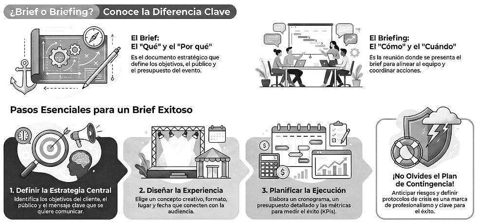 Infografía en español sobre brief y briefing, con equipo, diana, calendario y escudo; explica pasos y plan de contingencia.