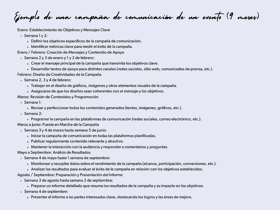 Ejemplo de un calendario de marketing para un evento