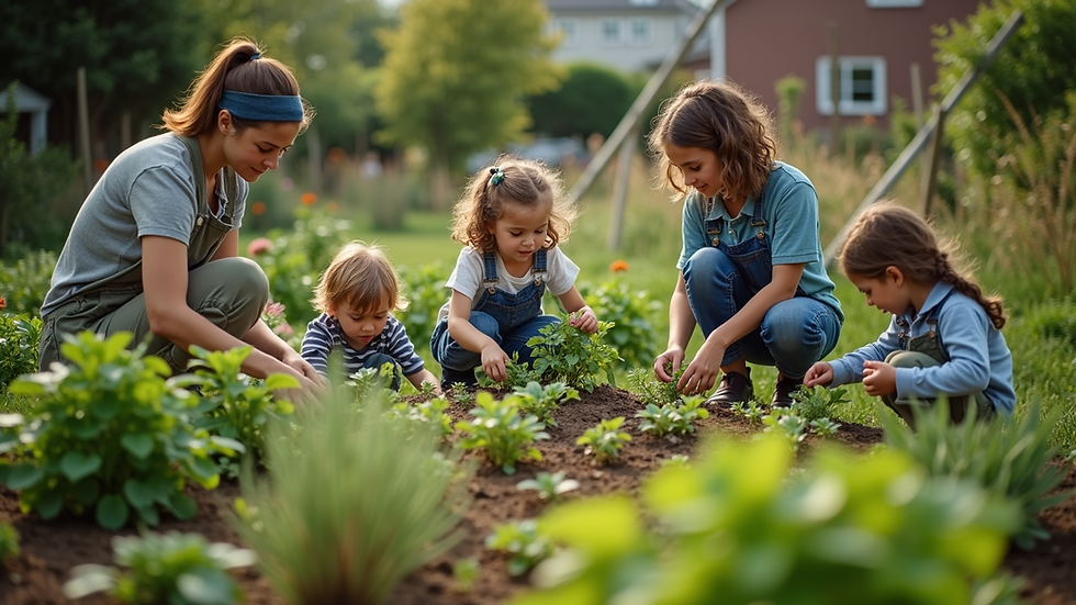 High angle view of a community garden with families working together